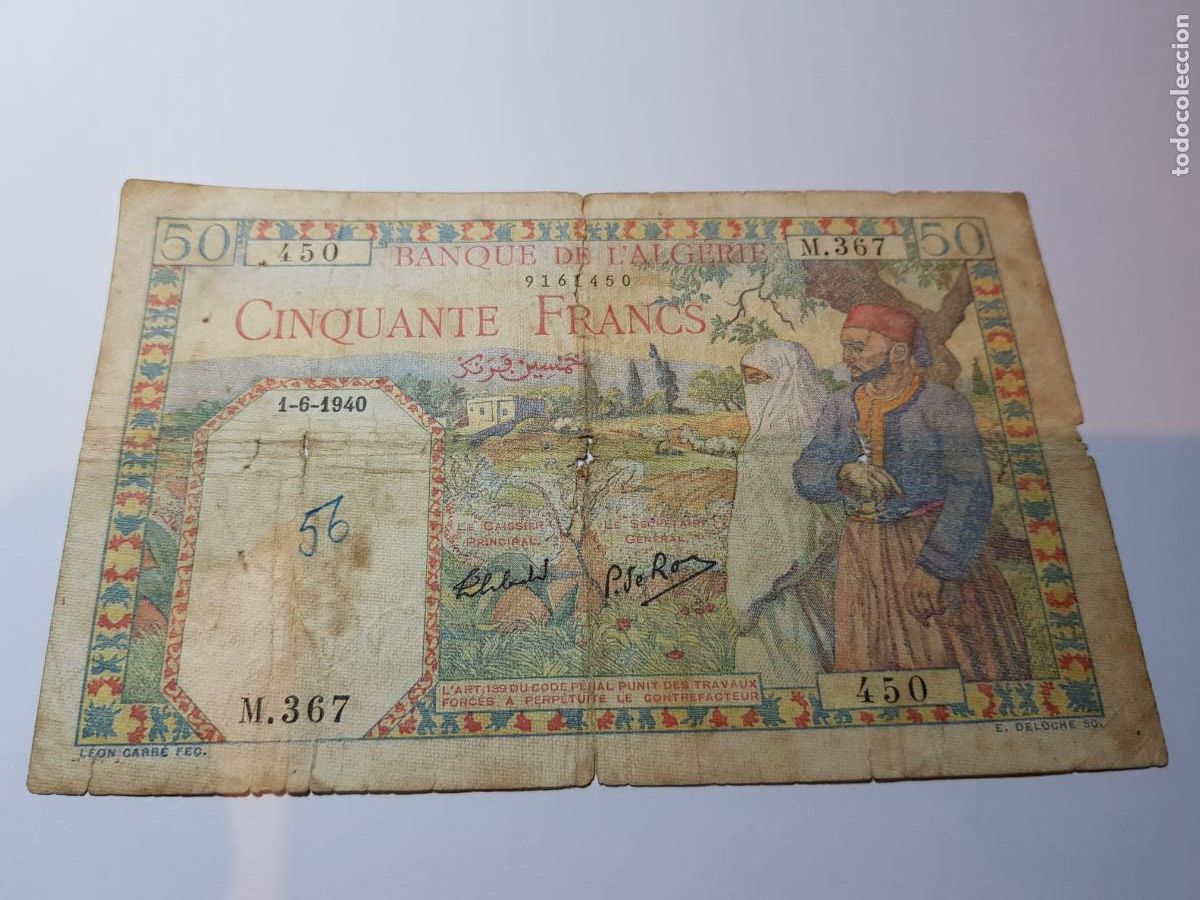 Billetes extranjeros: ALGERIA-50 FRANCOS-1940