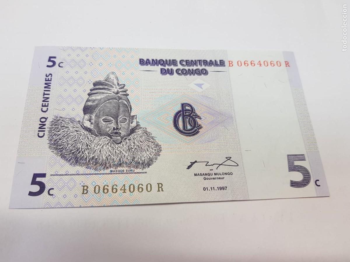 Billetes extranjeros: CONGO- 5 CENTIMOS-1997