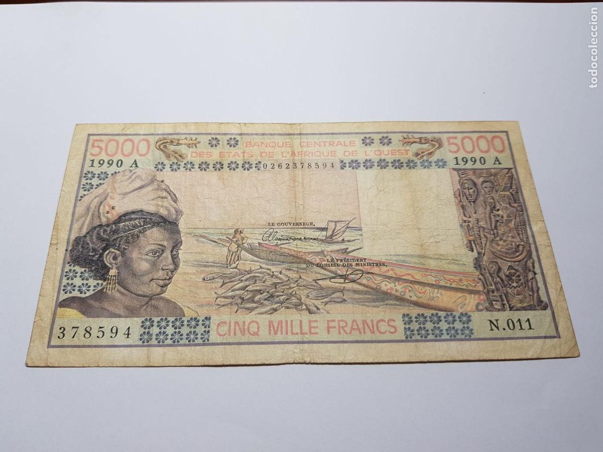 Billetes extranjeros: ESTADOS DEL AFRICA DEL OESTE-5000 FRANCOS-1990