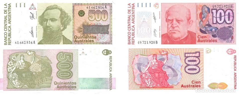 Billetes extranjeros: ARGENTINA LOTE DE 2 BILLETES DE 100 Y 500 AUSTRALES. NUEVOS