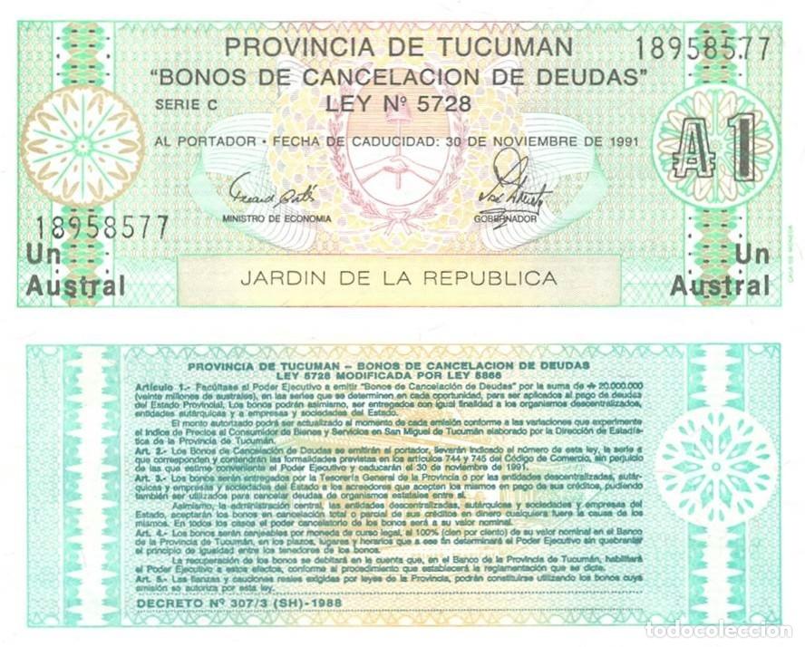 Billetes extranjeros: ARGENTINA BONO DE TUCUMAN DE 1 AUSTRAL 1998-91. NUEVO