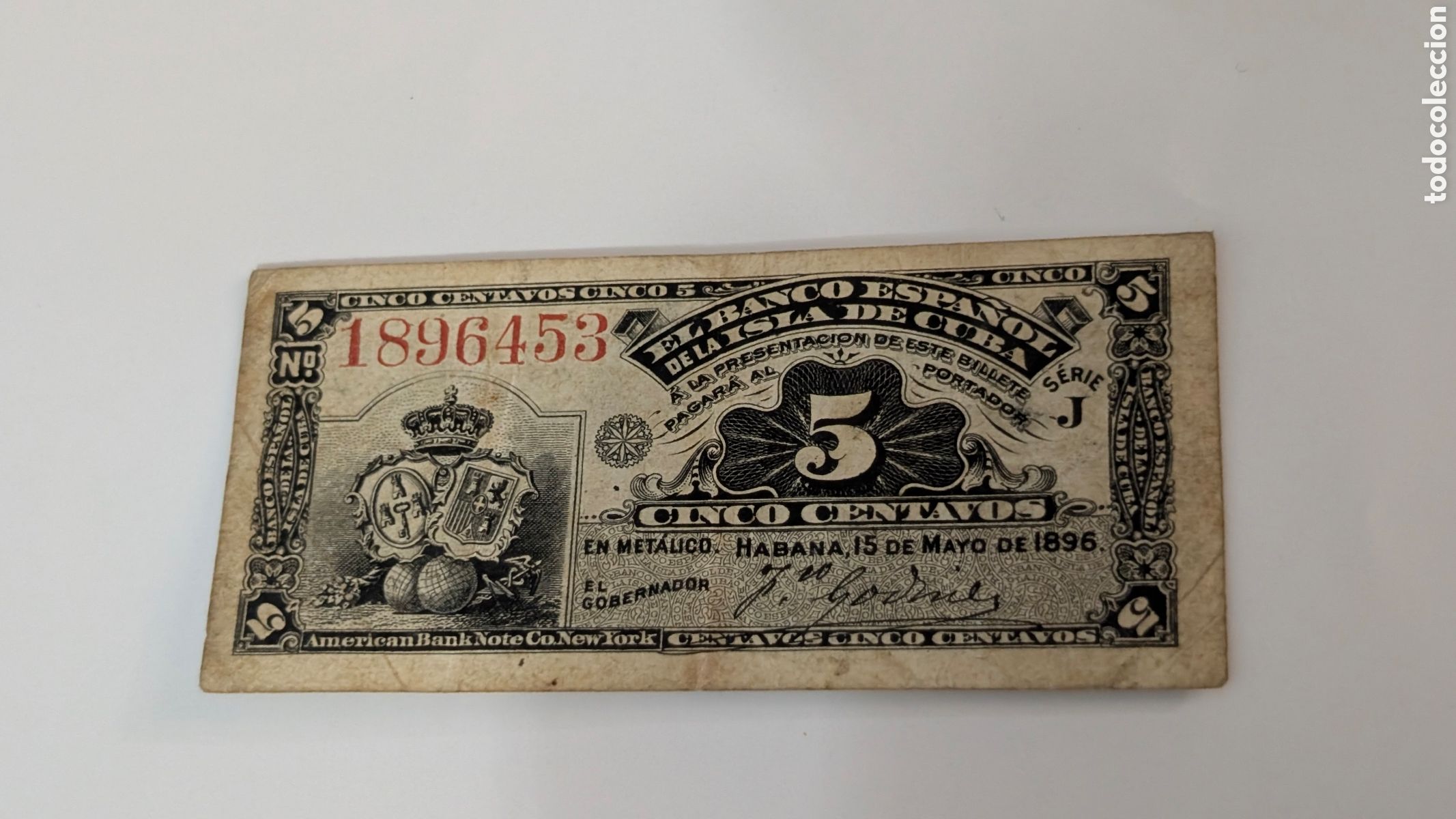 Billetes extranjeros: BILLETE 5 CENTAVOS DE 1896 DEL BANCO ESPA&Ntilde;OL EN LA ISLA DE CUBA BUEN ESTADO