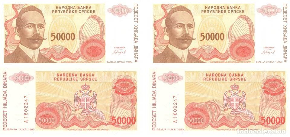 Billetes extranjeros: BOSNIA HERCEGOVINA LOTE DE 2 BILLETES DE 50.000 DINARA A&Ntilde;O 1993. NUEVOS