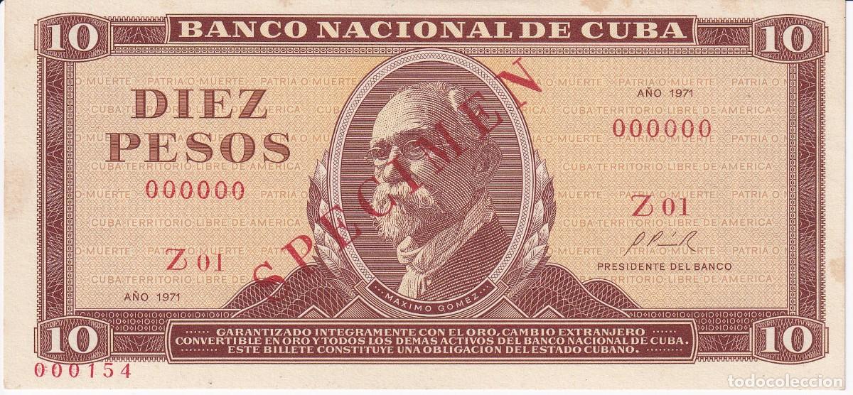 Billetes extranjeros: ESPECIMEN - BILLETE DE CUBA DE 10 PESOS DEL A&Ntilde;O 1971 MAXIMO GOMEZ (SPECIMEN) SIN CIRCULAR