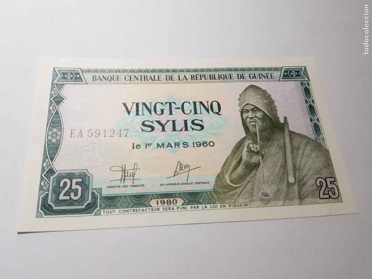 Billetes extranjeros: GUINEA- 25 SYLIS- 1960