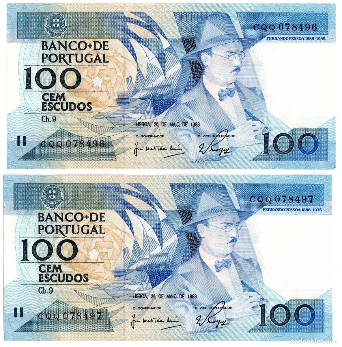 Billetes extranjeros: PORTUGAL 2 BILLETES DE 100 ESCUDOS 1988 CONSECUTIVOS PLANCHA