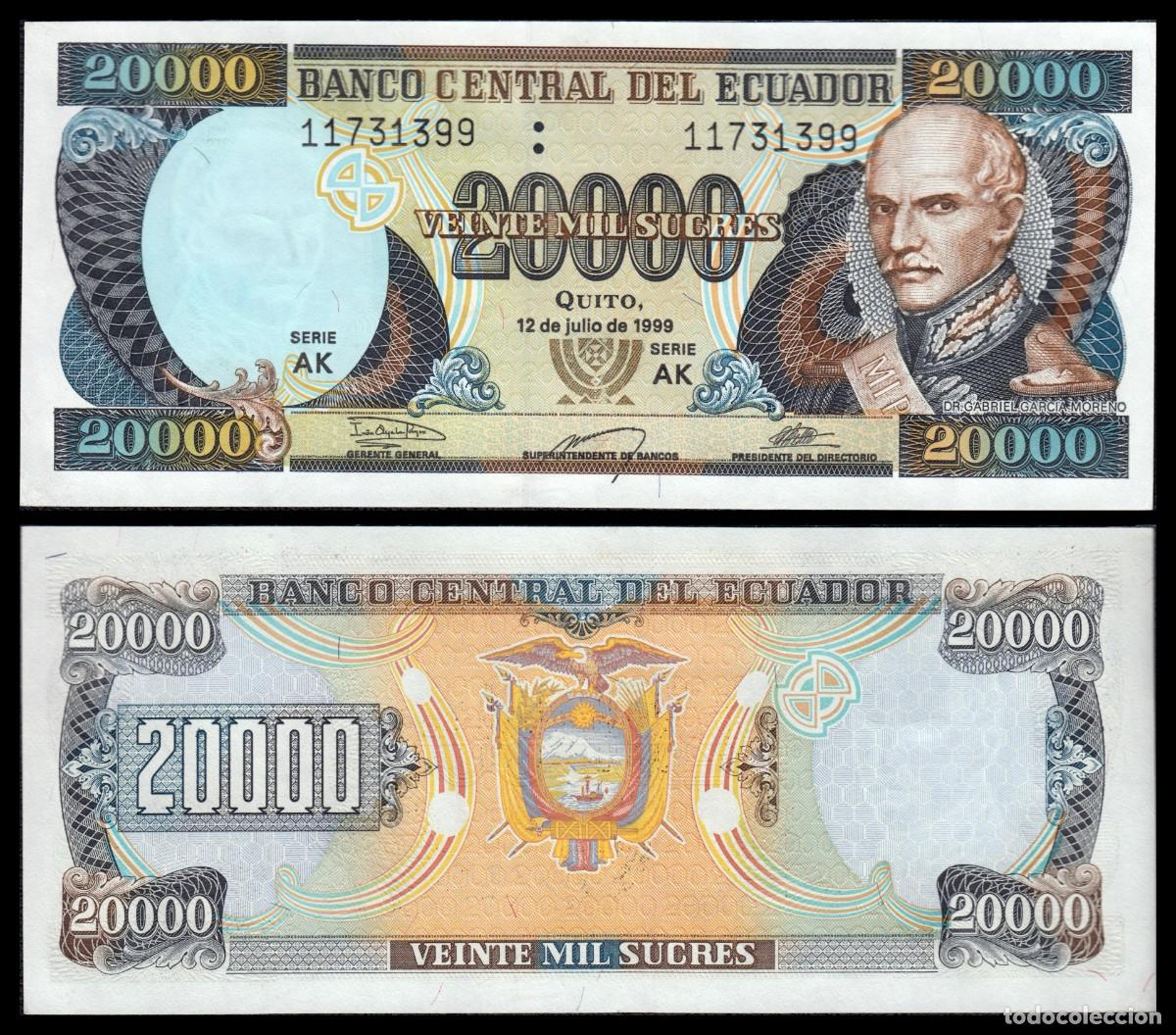 Billetes extranjeros: Ecuador 20.000 Sucres 12-7-1999 Pick 129h