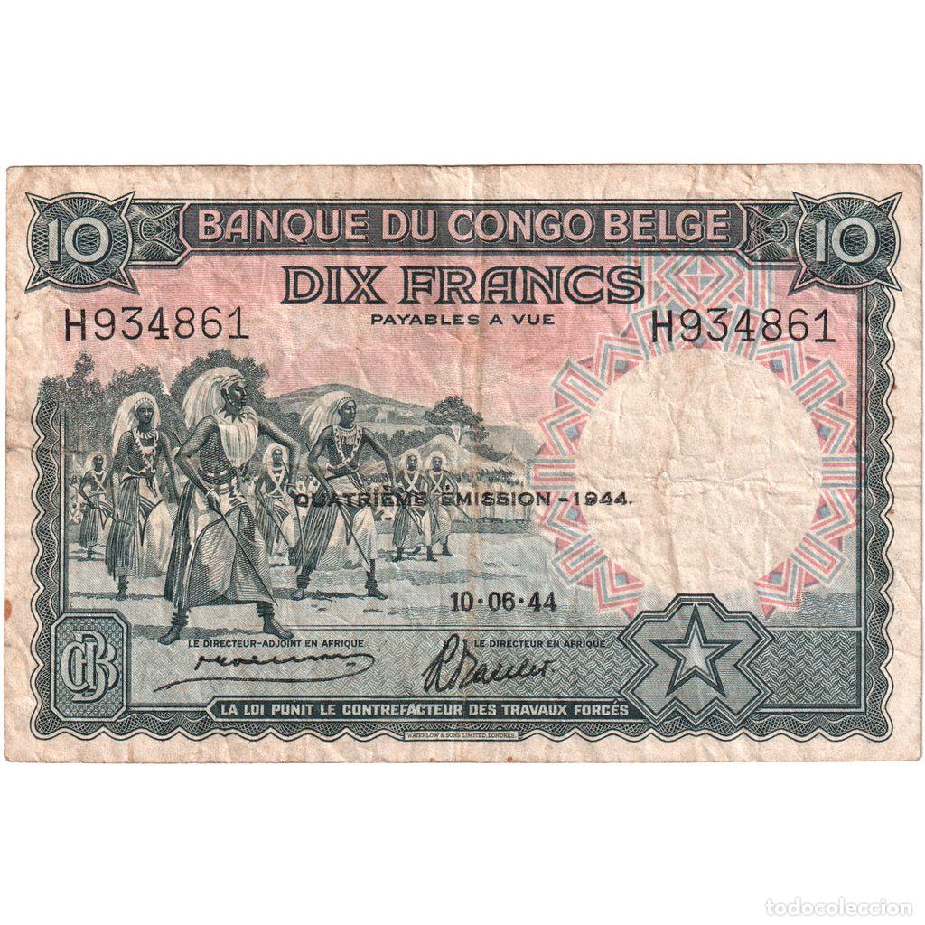 Billetes extranjeros: [#1234760] Congo belga, 10 Francs, 1944-06-10, BC+