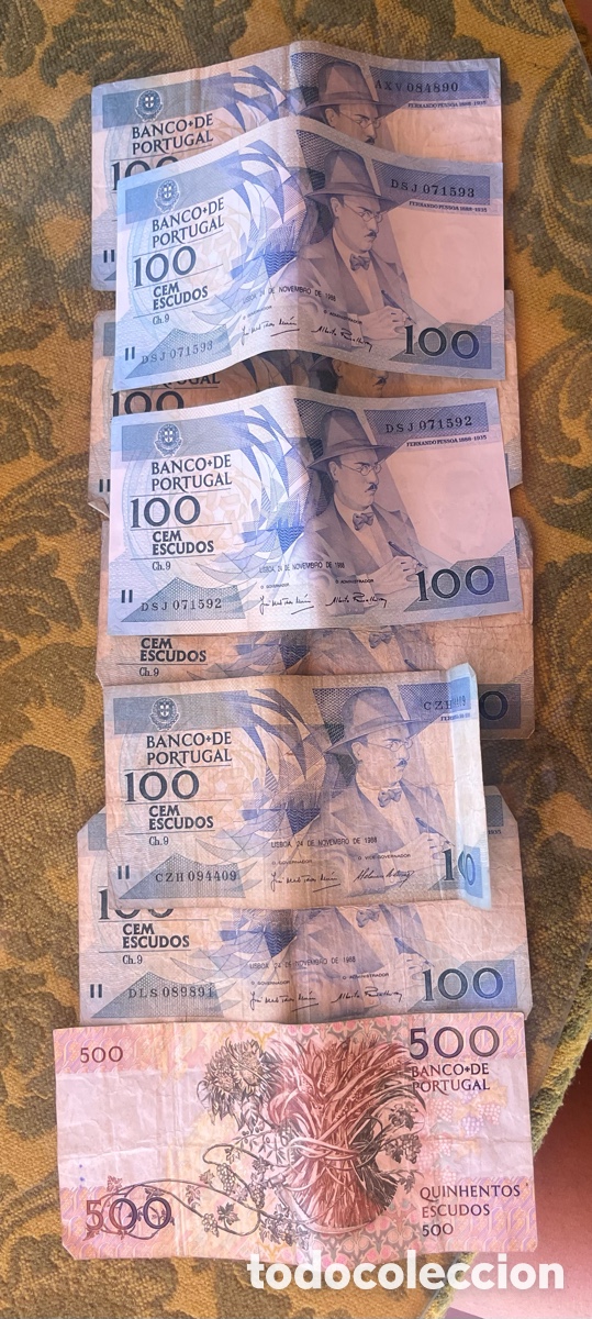 Billetes extranjeros: Lote de 8 billetes de Portugal - 7 x 100 escudos y 1 x 500 escudos - Banco de Portugal