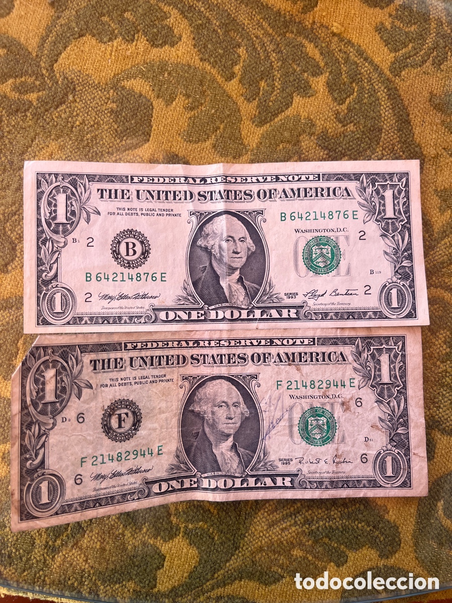 Billetes extranjeros: 2 billetes de 1 d&oacute;lar estadounidense (Series 1993 y 1995)