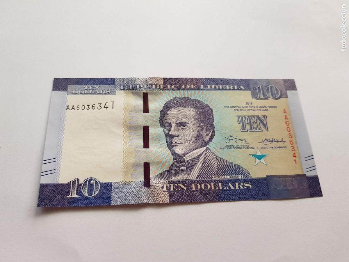 Billetes extranjeros: LIBERIA- 10 DOLARES- 2016
