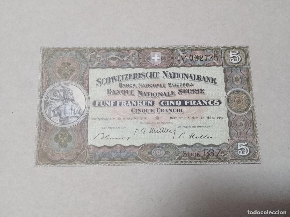 Billetes extranjeros: Billete Suiza, 5 francos, a&ntilde;o 1952, UNC