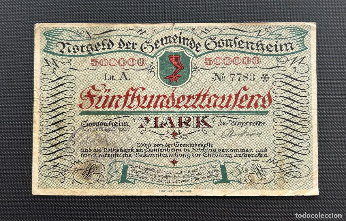 Billetes extranjeros: 500000 MARCOS 1923 GONSENHEIM, ALEMANIA