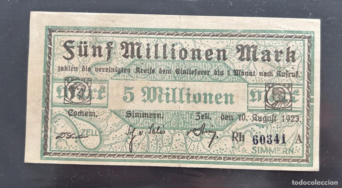 Billetes extranjeros: 5 MILLONES MARCOS 1923 COCHEM - SIMMERN - ZELL (LANDRAT ZELL). ALEMANIA