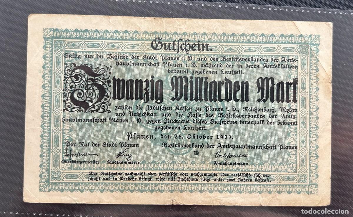 Billetes extranjeros: 20 MIL MIILLONES 1923 PLAUEN. ALEMANIA