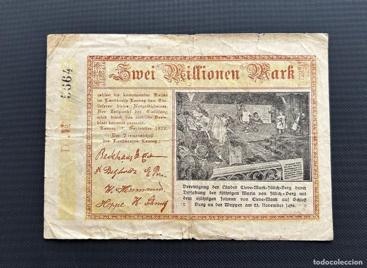 Billetes extranjeros: 2 MIILLONES MARCOS 1923 LENNEP. ALEMANIA