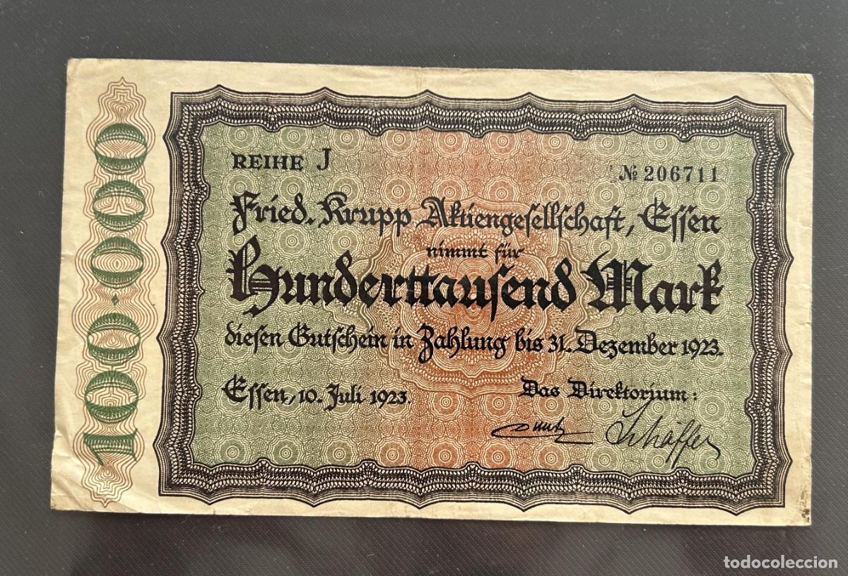 Billetes extranjeros: 100000 MARCOS 1923 FRIED KRUPP AKTIENGESELLSCHAFT, ESSEN. ALEMANIA