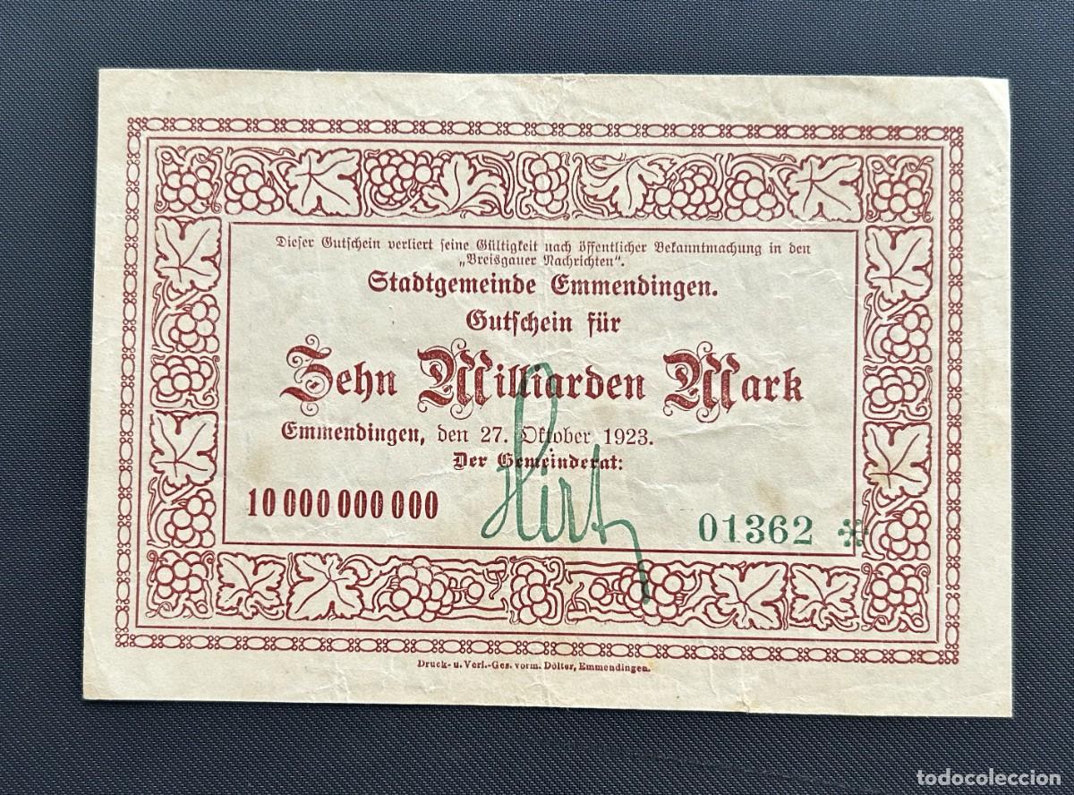 Billetes extranjeros: 10 MIL MILLONES MARCOS 1923 EMMENDINGEN. ALEMANIA