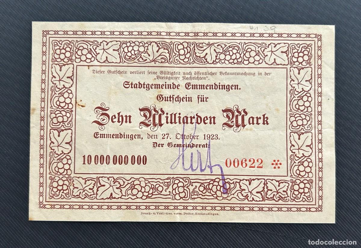 Billetes extranjeros: 10 MIL MILLONES MARCOS 1923 EMMENDINGEN. ALEMANIA
