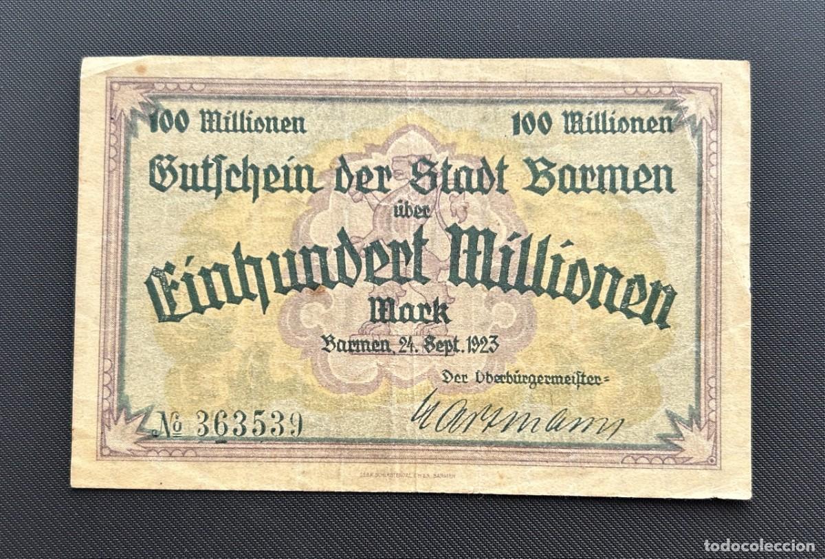 Billetes extranjeros: 100 MILLONES MARCOS 1923 BARMEN. ALEMANIA