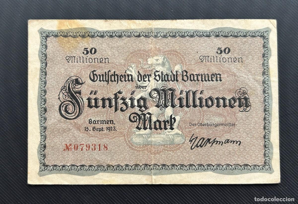 Billetes extranjeros: 50 MILLONES MARCOS 1923 BARMEN. ALEMANIA