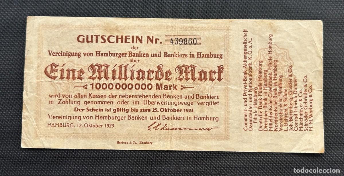 Billetes extranjeros: 1 MIL MILLONES MARCOS 1923 HAMBURG. ALEMANIA