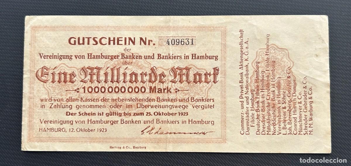 Billetes extranjeros: 1 MIL MILLONES MARCOS 1923 HAMBURG. ALEMANIA
