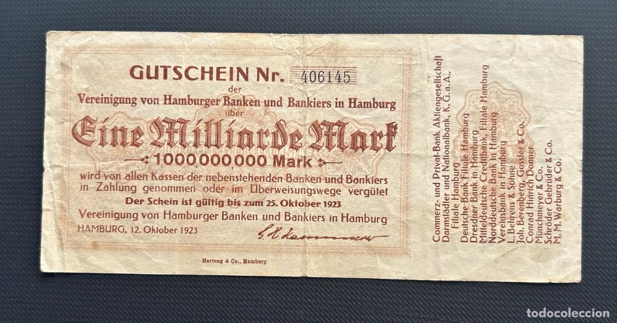 Billetes extranjeros: 1 MIL MILLONES MARCOS 1923 HAMBURG. ALEMANIA