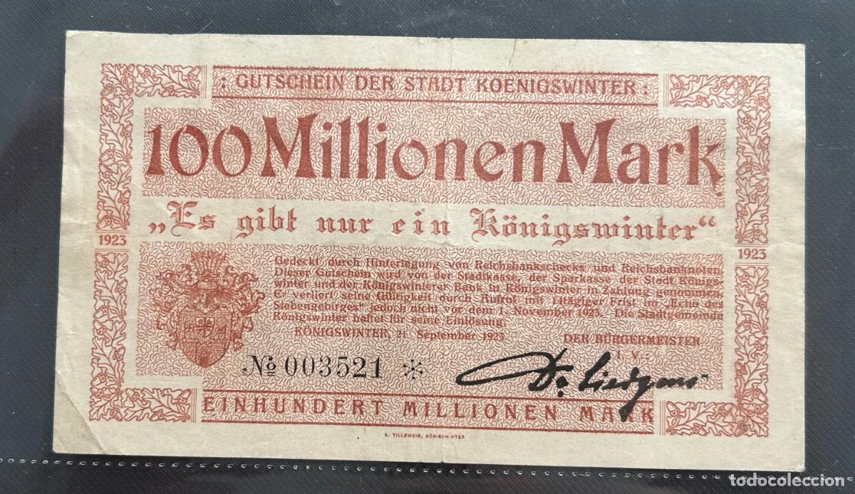 Billetes extranjeros: 100 MILLONES MARCOS 1923 KOENIGSWINTER. ALEMANIA