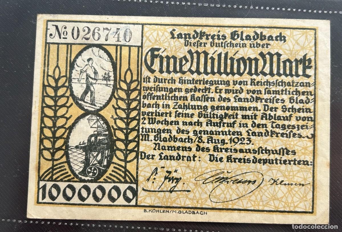Billetes extranjeros: 1 MILLON MARCOS 1923 GLADBACH. ALEMANIA