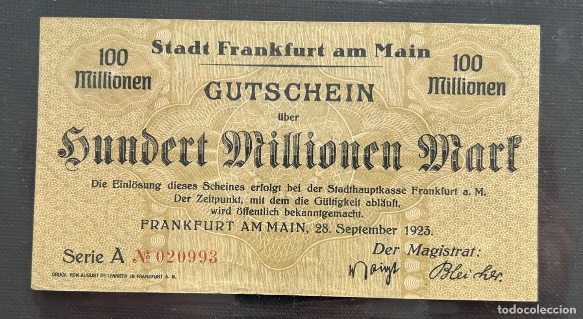 Billetes extranjeros: 100 MILLONES MARCOS 1923 FRANCFORT DEL MENO. ALEMANIA. EBC/XF