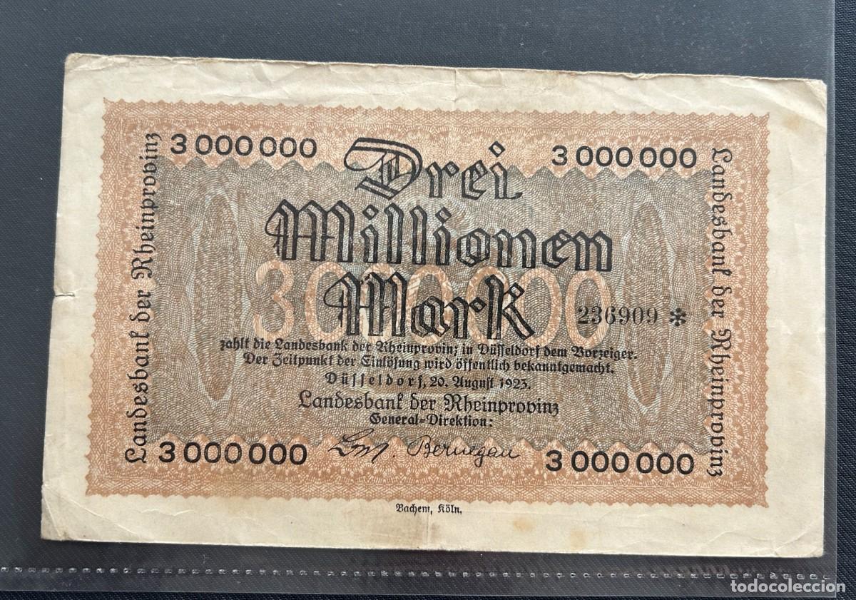 Billetes extranjeros: 3 MILLONES MARCOS 1923 RENANIA, ALEMANIA.