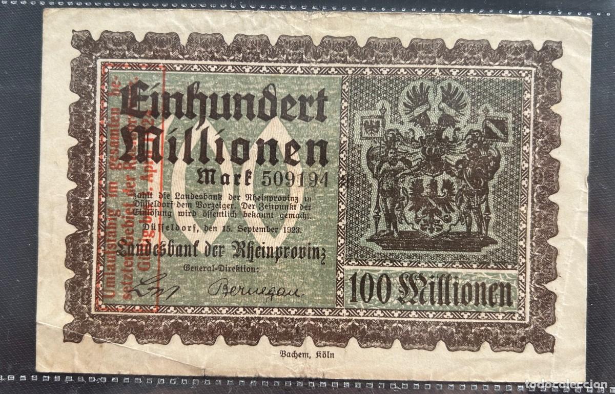 Billetes extranjeros: 100 MILLONES MARCOS 1923 RENANIA, ALEMANIA.