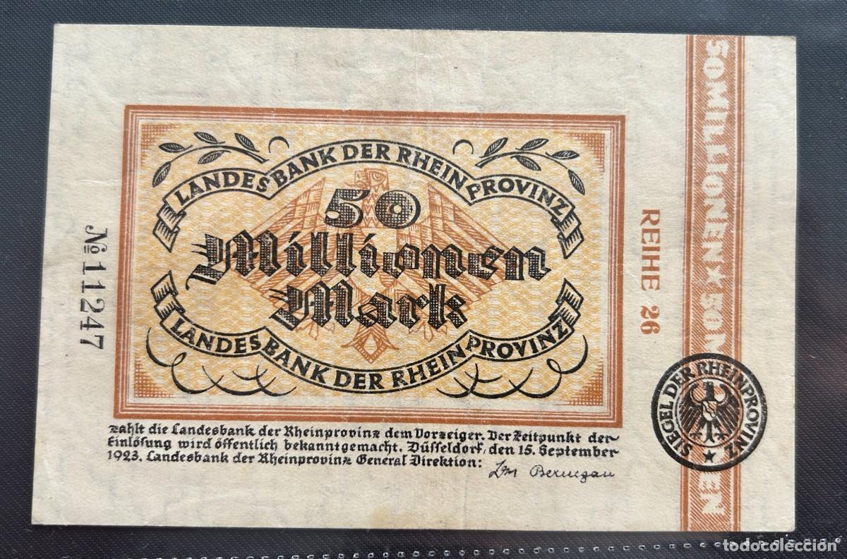 Billetes extranjeros: 50 MILLONES MARCOS 1923 RENANIA, ALEMANIA.