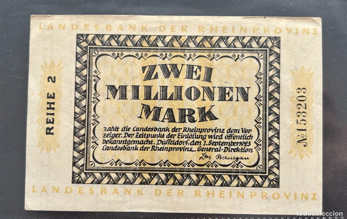 Billetes extranjeros: 2 MILLONES MARCOS 1923 RENANIA, ALEMANIA.