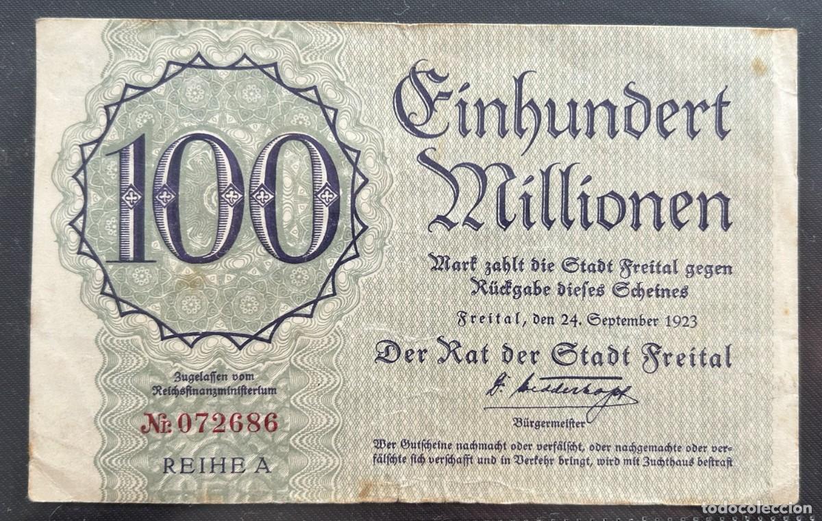 Billetes extranjeros: 100 MILLONES MARCOS 1923 FREITAL, ALEMANIA.
