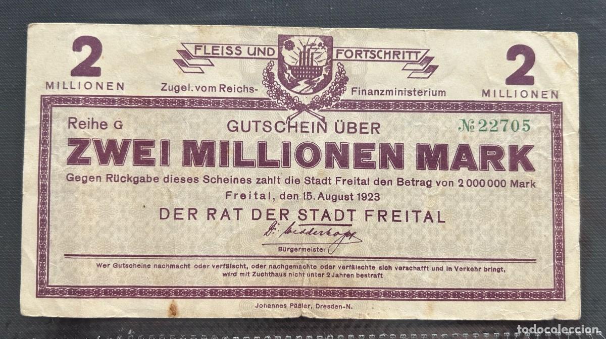 Billetes extranjeros: 2 MILLONES MARCOS 1923 FREITAL, ALEMANIA.