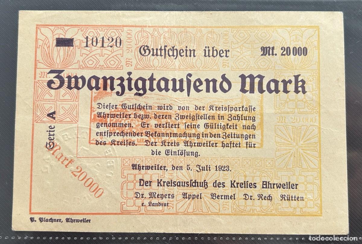 Billetes extranjeros: 20000 MARCOS 1923 AHRWEILER. ALEMANIA