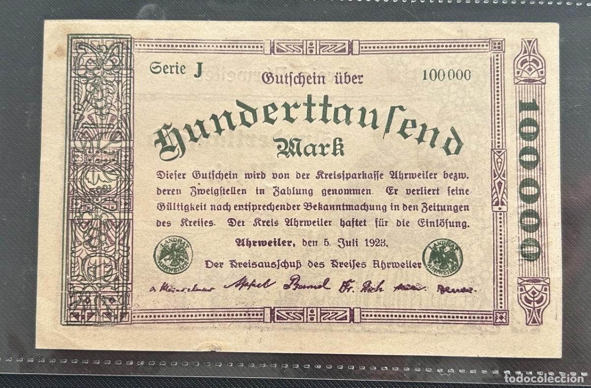 Billetes extranjeros: 100000 MARCOS 1923 AHRWEILER. ALEMANIA