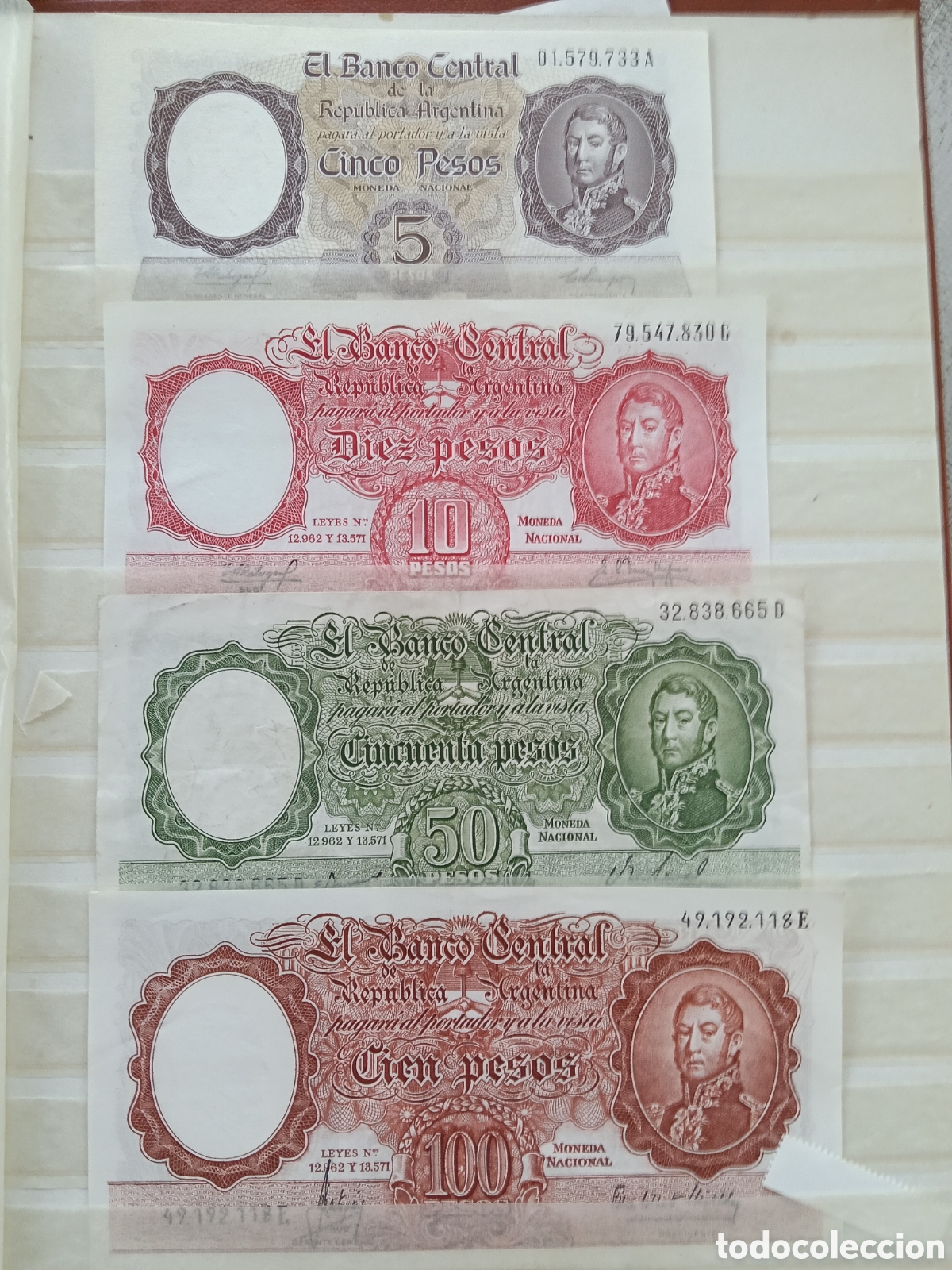 Billetes extranjeros: Lote de 4 Billetes Antiguos de Argentina - Serie San Mart&iacute;n (5, 10, 50 y 100 Pesos) Precio de venta
