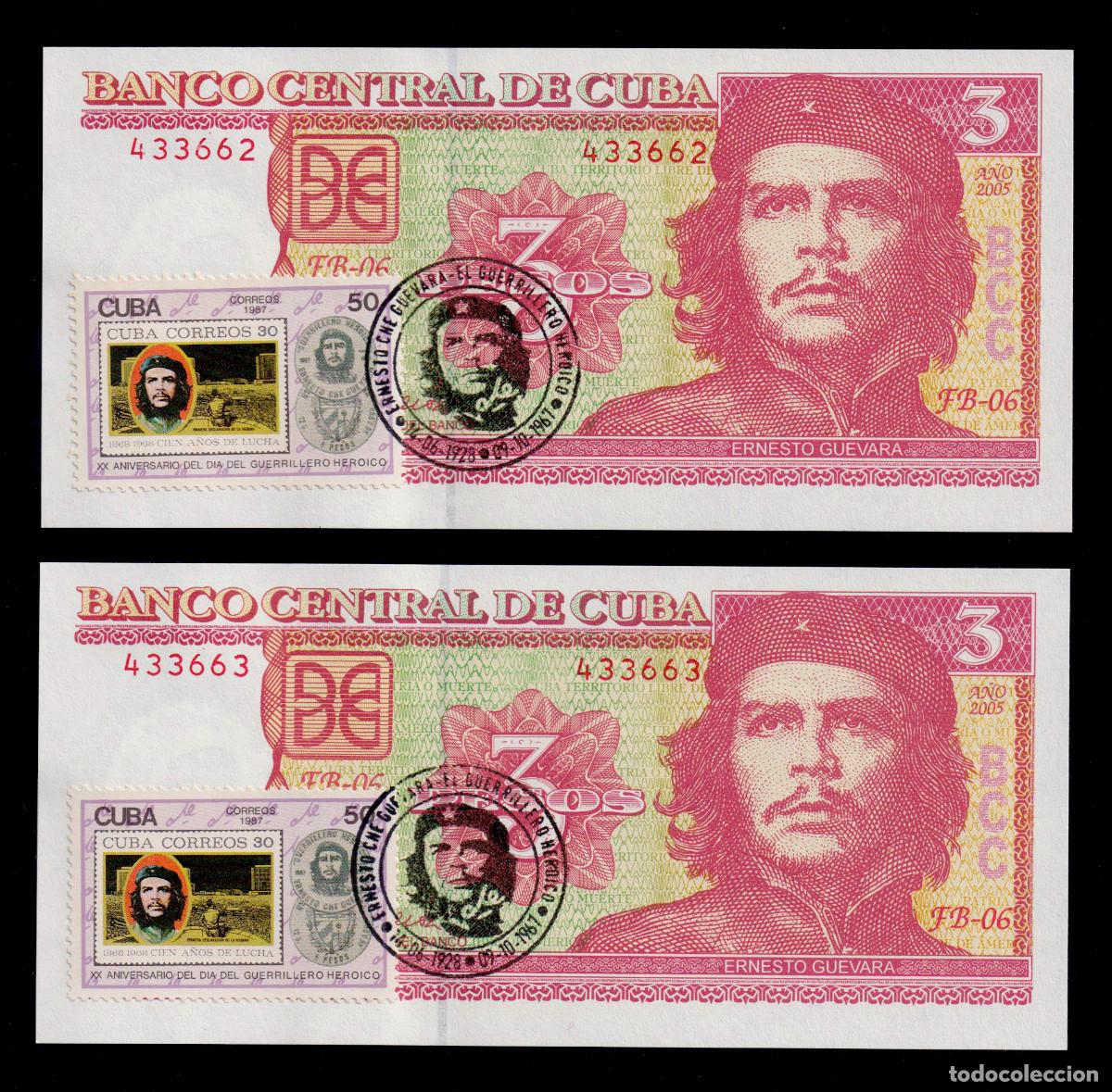 Billetes extranjeros: CUBA 3 PESOS 2005 UNC/SC P.127b CONMEMORATIVO HOMENAJE A ERNESTO CHE GUEVARA (Pareja Consecutiva)