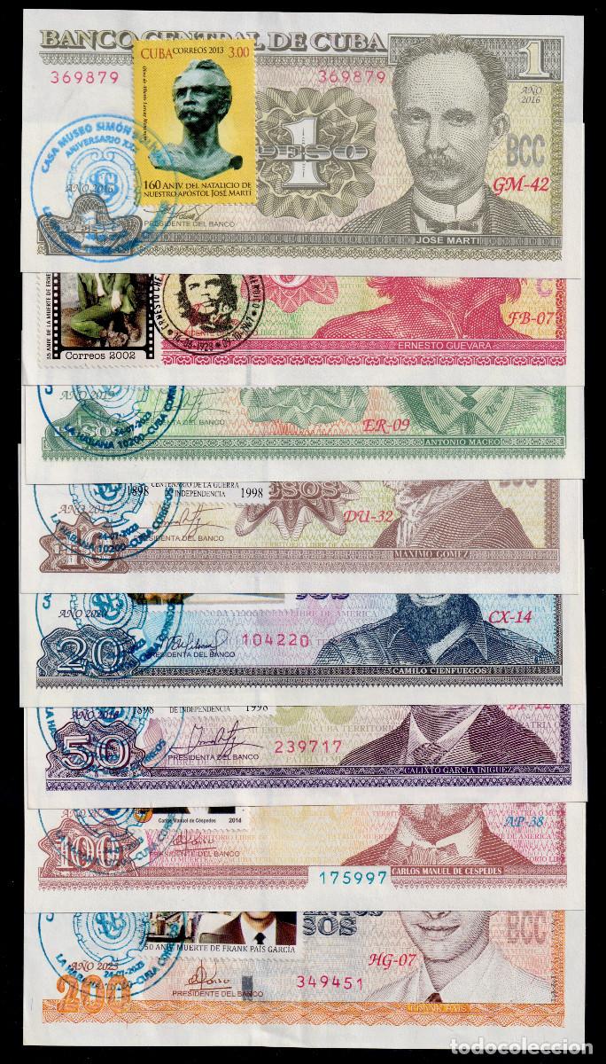 Billetes extranjeros: CUBA 1/3/5/10/20/50/100/200 PESOS 2017/05/19/16/15/18/23/23 UNC/SC CONMEMORATIVOS CON SELLOS