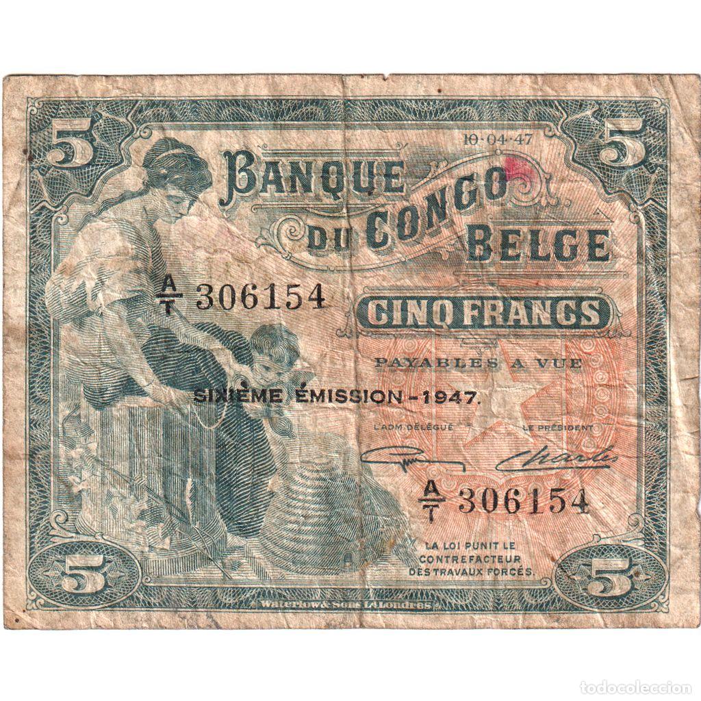Billetes extranjeros: [#1234678] Congo belga, 5 Francs, 1947-04-10, BC