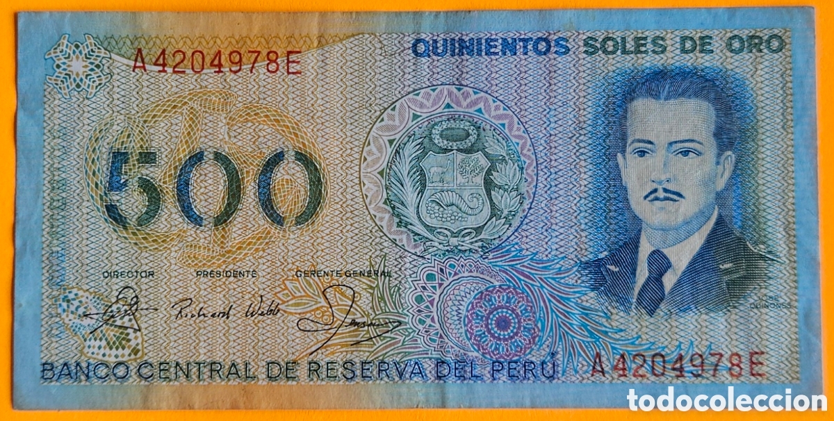 Billetes extranjeros: PER&Uacute;, 500 SOLES DE ORO, 1982.