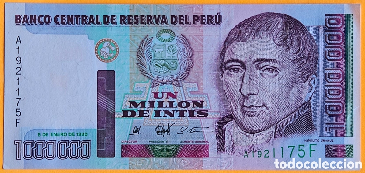 Billetes extranjeros: PER&Uacute;, UN MILL&Oacute;N DE INTIS, 1990.
