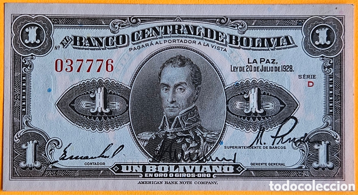 Billetes extranjeros: BOLIVIA, UN BOLIVIANO, 1928. SC. PLANCHA.