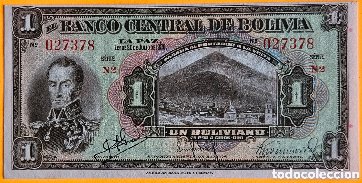 Billetes extranjeros: BOLIVIA, UN BOLIVIANO, 1928. SC. PLANCHA.