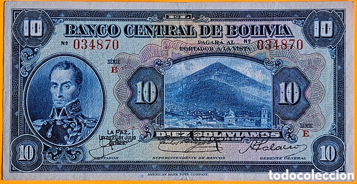Billetes extranjeros: BOLIVIA, 10 BOLIVIANOS, 1928.