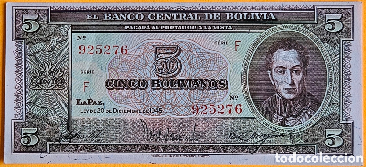 Billetes extranjeros: BOLIVIA, 5 BOLIVIANOS, 1945. SC. PLANCHA.