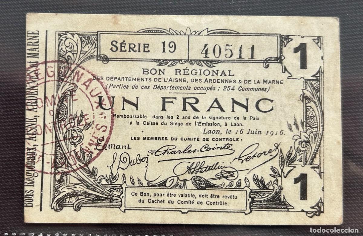 Billetes extranjeros: 1 FRANC 1916 AISNE, ARDENNES & LA MARNE . FRANCIA